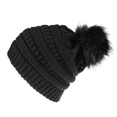 Women’s Autumn/Winter Knit Hat with Faux Fur Fox Pom-Poms, Stylish Casual Warm Beanie