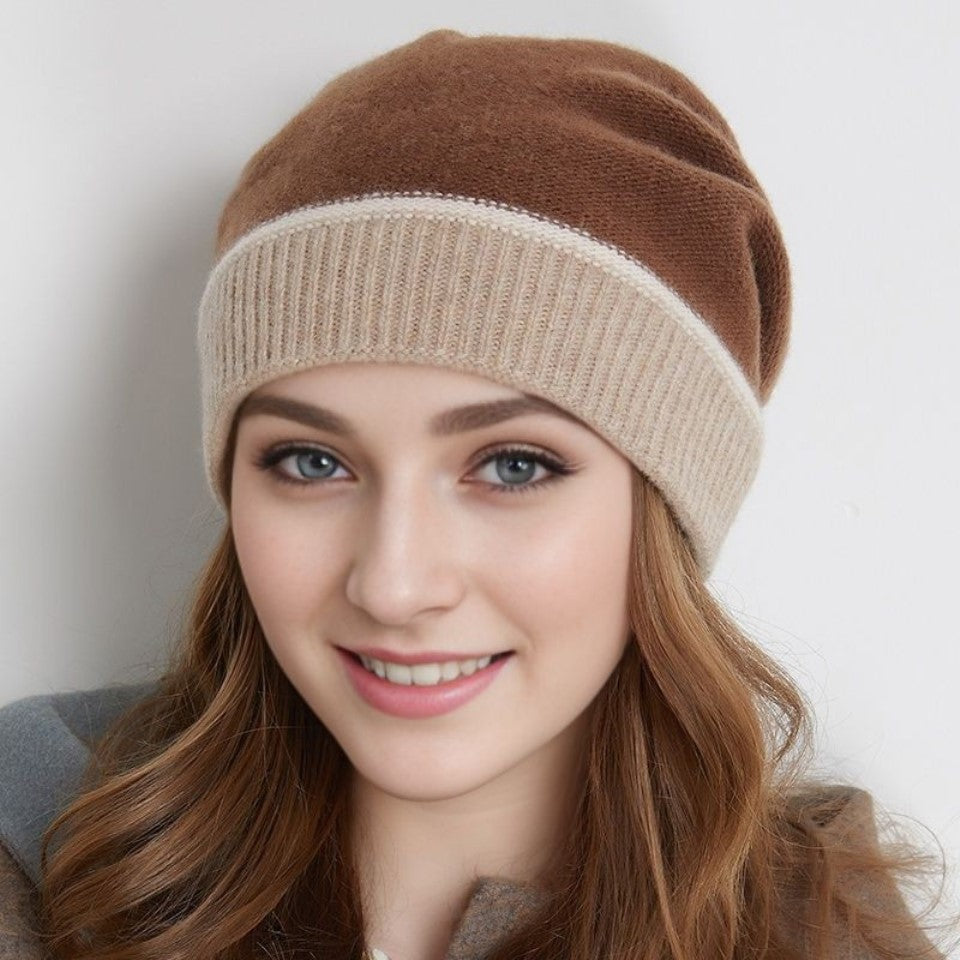 Women’s Autumn Winter New Cashmere Knit Earflap Slouchy Beanie Warm Color-Block Hat