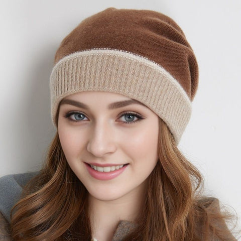 Women’s Autumn Winter New Cashmere Knit Earflap Slouchy Beanie Warm Color-Block Hat