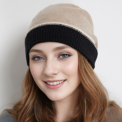 Women’s Autumn Winter New Cashmere Knit Earflap Slouchy Beanie Warm Color-Block Hat