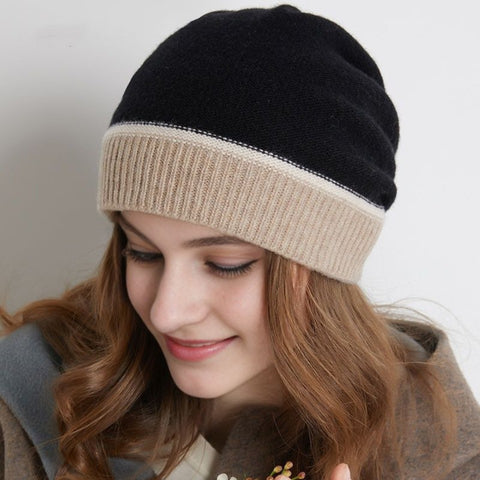 Women’s Autumn Winter New Cashmere Knit Earflap Slouchy Beanie Warm Color-Block Hat