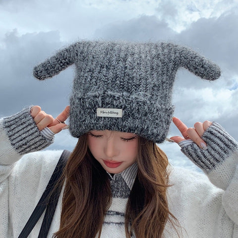 Adorable Plush Knit Hat with Antennae, Long Dog Ear Beanie for Women, Warm and Versatile Autumn Winter Hat
