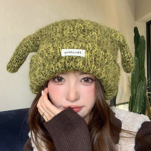 Adorable Plush Knit Hat with Antennae, Long Dog Ear Beanie for Women, Warm and Versatile Autumn Winter Hat
