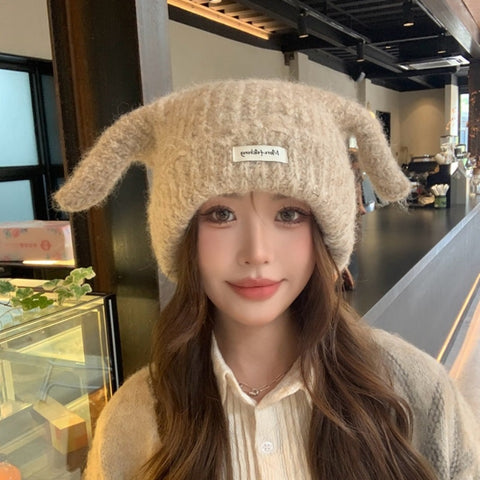 Adorable Plush Knit Hat with Antennae, Long Dog Ear Beanie for Women, Warm and Versatile Autumn Winter Hat