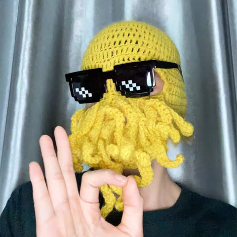 Cute & Funny Octopus Knit Hat with Face-Kini Mask, Jellyfish Style Beanie, Winter Hat for Outdoor & Scooter Riding
