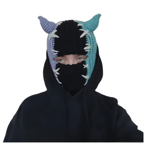 Funny Horned Knit Hat for Halloween, Devil Horn Beanie, Warm Autumn Winter Mask Hat
