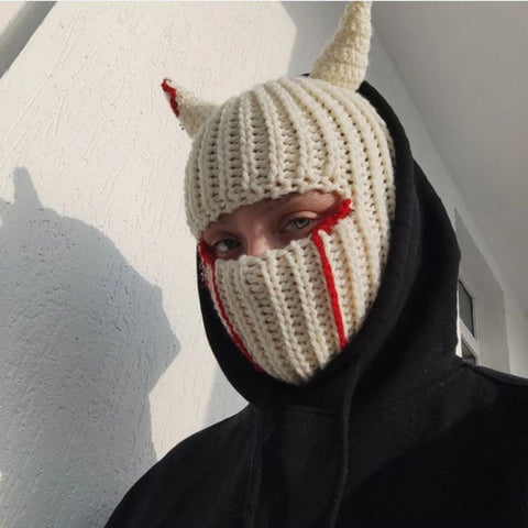 Funny Horned Knit Hat for Halloween, Devil Horn Beanie, Warm Autumn Winter Mask Hat