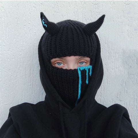 Funny Horned Knit Hat for Halloween, Devil Horn Beanie, Warm Autumn Winter Mask Hat