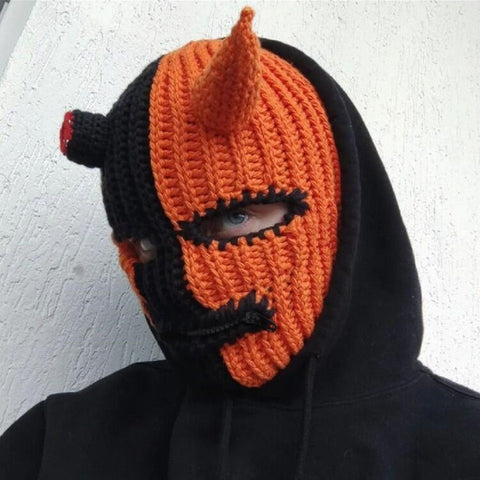 Funny Horned Knit Hat for Halloween, Devil Horn Beanie, Warm Autumn Winter Mask Hat