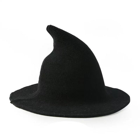 Halloween Wool Witch Hat, Pointed Wide Brim Knitted Wizard Cosplay Party Hat