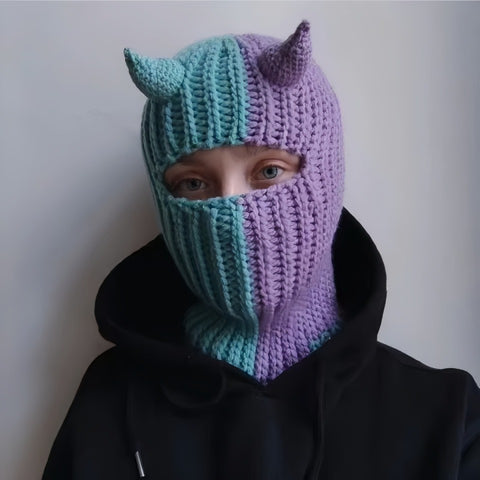 Funny Horned Knit Hat for Halloween, Devil Horn Beanie, Warm Autumn Winter Mask Hat