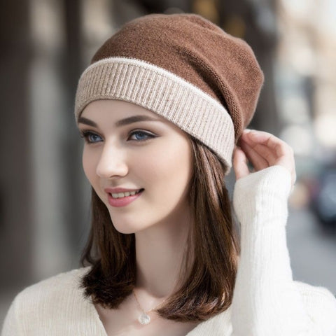 Women’s Autumn Winter New Cashmere Knit Earflap Slouchy Beanie Warm Color-Block Hat