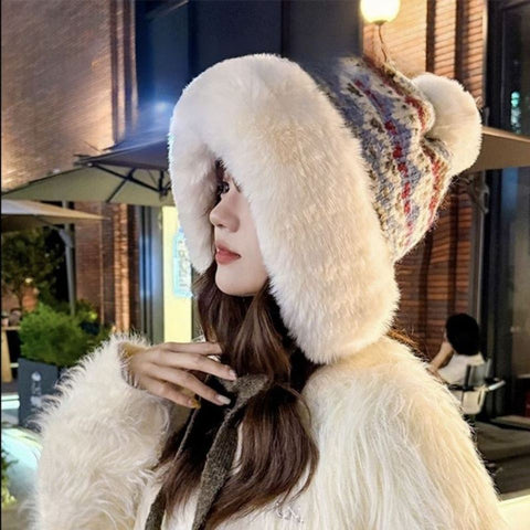 Women Winter Peruvian Cover Ears Beanie Hat Ear Flaps Sherpa Ski Snow Hats Knit Fleece Lined 3 Pom Pom