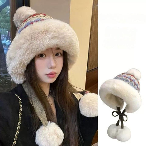 Women Winter Peruvian Cover Ears Beanie Hat Ear Flaps Sherpa Ski Snow Hats Knit Fleece Lined 3 Pom Pom