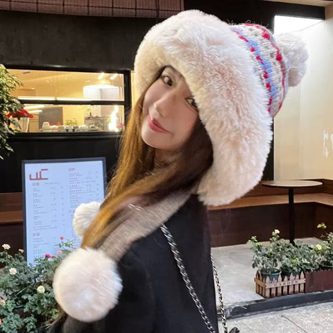 Women Winter Peruvian Cover Ears Beanie Hat Ear Flaps Sherpa Ski Snow Hats Knit Fleece Lined 3 Pom Pom