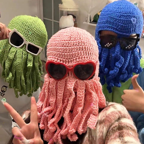 Cute & Funny Octopus Knit Hat with Face-Kini Mask, Jellyfish Style Beanie, Winter Hat for Outdoor & Scooter Riding